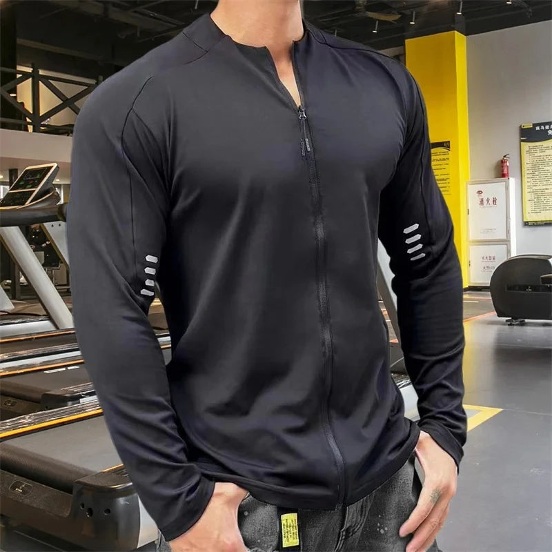 T-Shirt Zippé Homme Manches Longues – Jogging Gym Fitness Training Casual Sport
