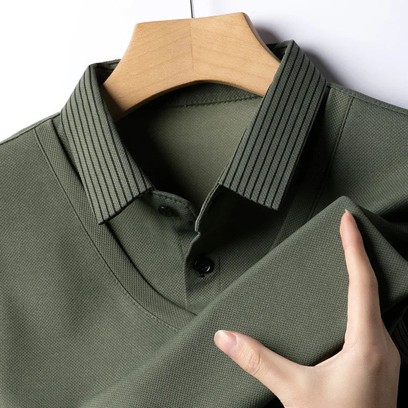 Polo Homme Manches Longues Faux Deux Pièces Couleur Unie – Business Casual Élégant Toutes Saisons Polyvalent | Mode Homme Premium
