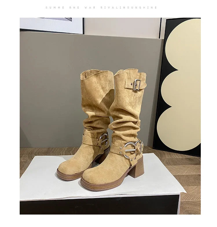 Bottes Cowboy Femme Marron Vintage Boucle Métal 2024 – Talon Carré Longues Knight Fashion