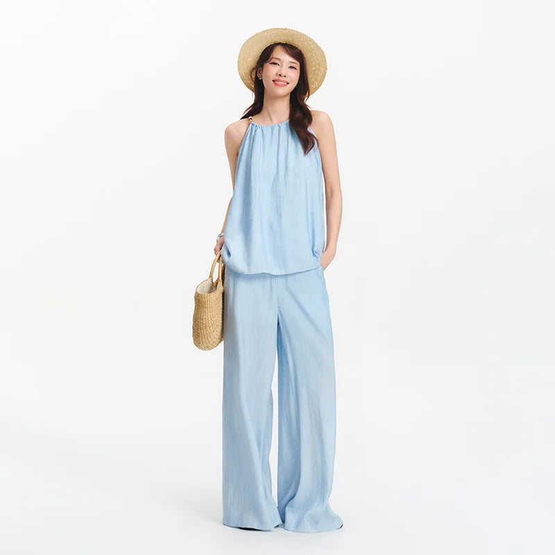 Ensemble 2 Pièces Femme Lin Pantalon Large Nœud Bretelles – Tenue Été Vacances Légère | Semir 2025
