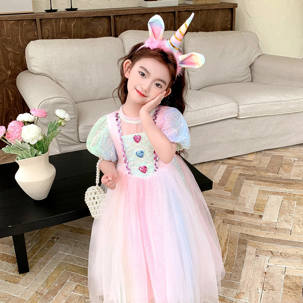 Meerjungfrau Prinzessin Kleid Mädchen Pailletten Perlen Puffärmel – Faschingskostüm Halloween Cosplay