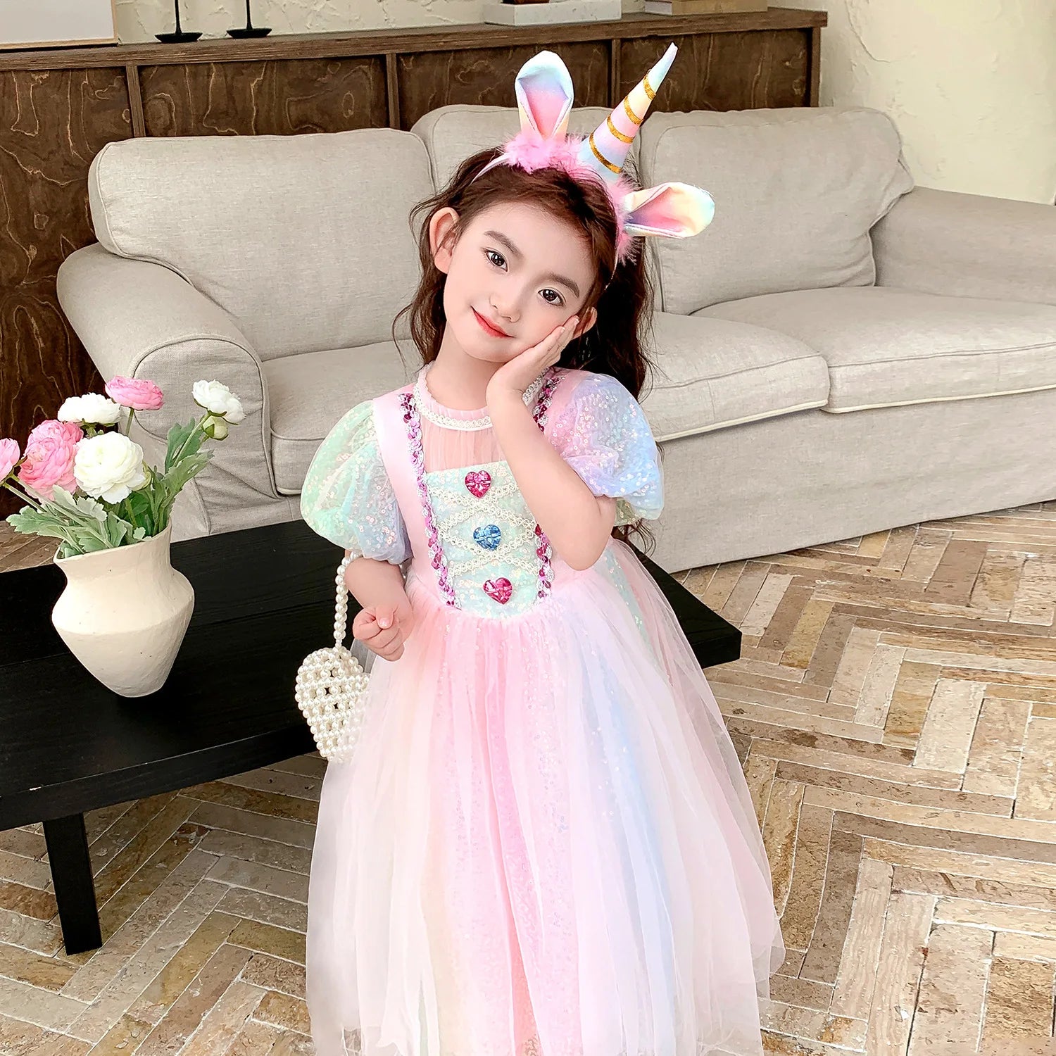 Meerjungfrau Prinzessin Kleid Mädchen Pailletten Perlen Puffärmel – Faschingskostüm Halloween Cosplay