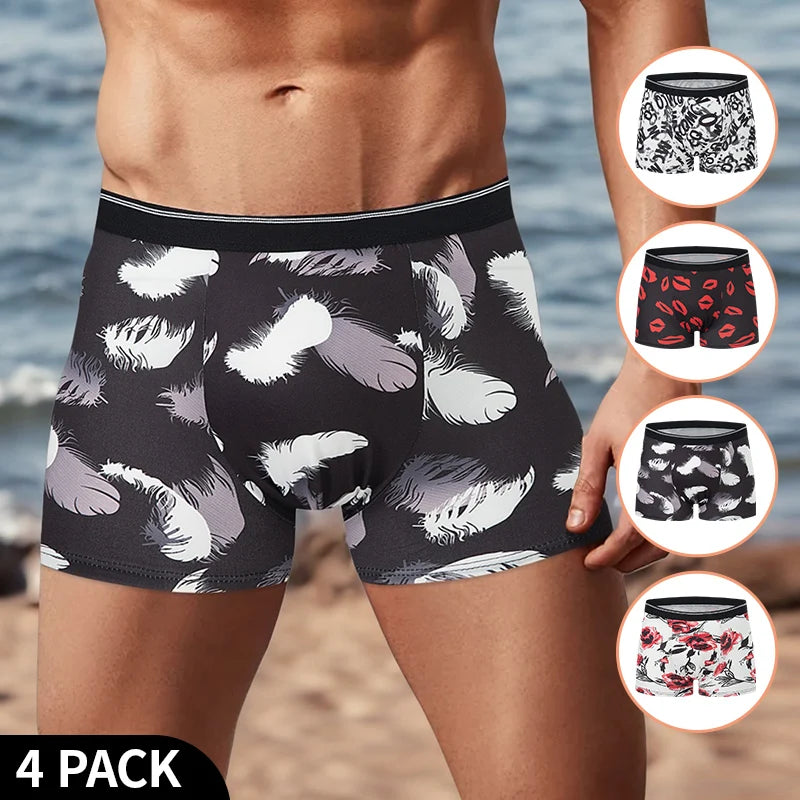 Pack 4 Boxers Homme Imprimés Taille US/EU Confortables Fashion Slip Short de Bain Oversize Sous-Vêtements Premium Multicolore – Pack 4 Boxers Premium Imprimés | Mode Homme Sous-Vêtements Premium