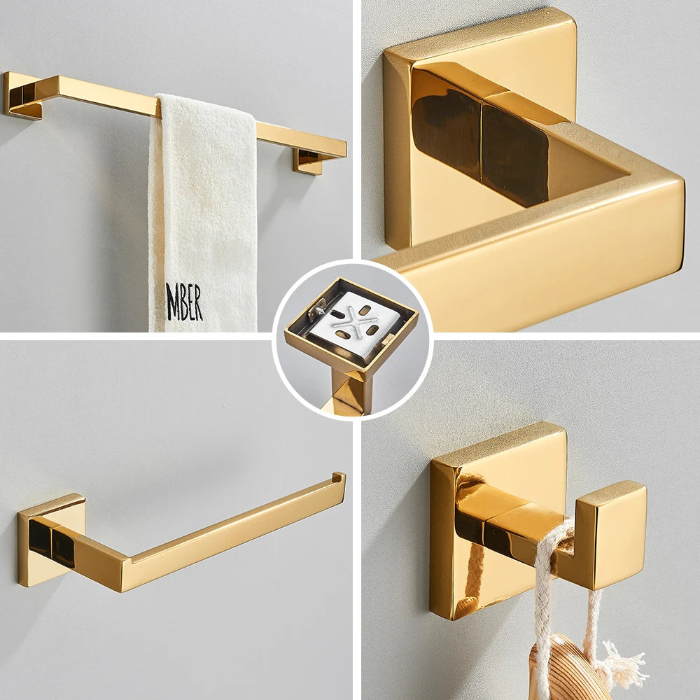 Set Accessoires Salle de Bain Inox – Porte-Serviettes, Porte-Papier & Crochet | Noir & Or Mural