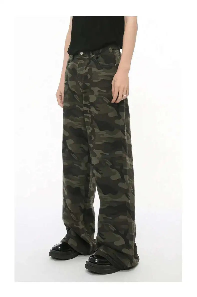 Jean für Herren, Camouflage, Vintage, Washed, weites Bein, Denim, Loose Fit, Casual, Herbst Winter, Hellblau, Streetwear, Trend, Komfortabel – Premium Camo Wide Leg Jeans | Herrenmode Denim Premium Streetwear