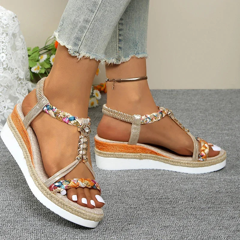 Sandales T-Strap Wedge Mix Color Femme – Bande Élastique Plateforme Bout Ouvert Été