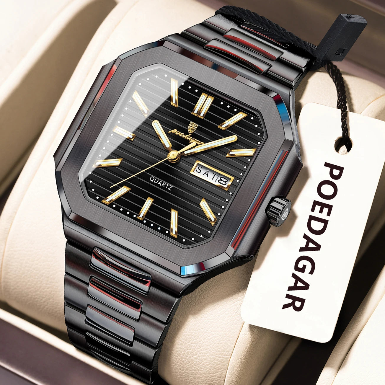 Montre Carrée Luxe Homme Poedagar – Quartz Étanche Lumineuse Date Semaine Acier Inoxydable Fashion