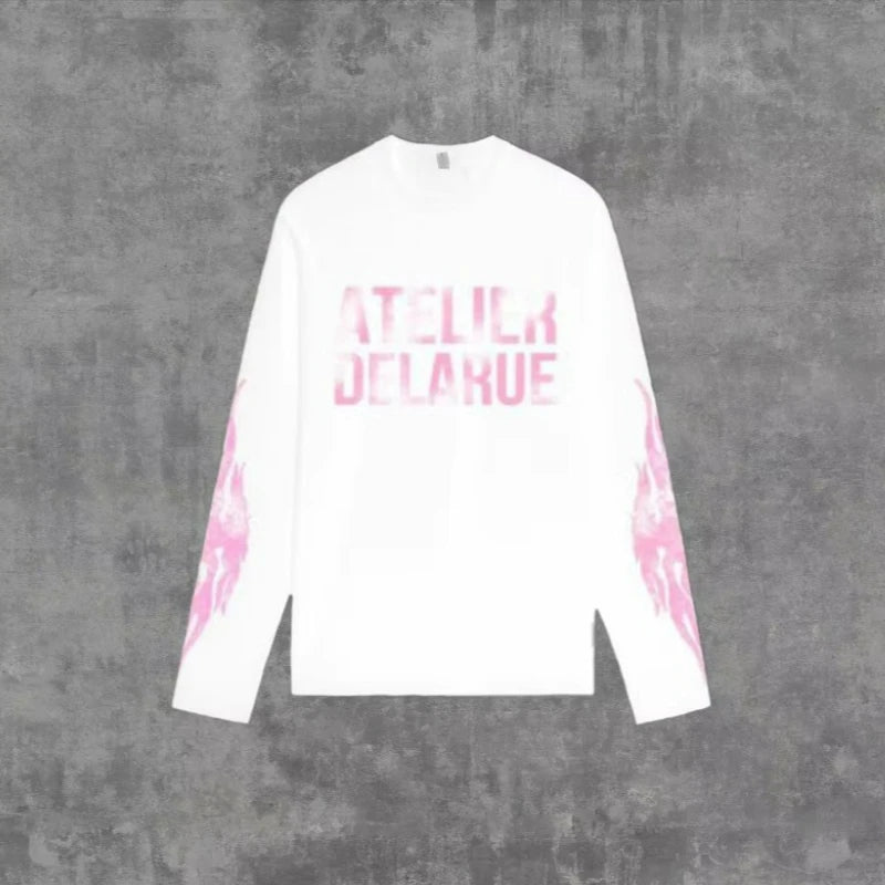 Sweat Unisexe Y2K Harajuku Rétro Manches Longues Imprimé Flamme Lettres Oversize – Streetwear Casual Confortable | Mode Homme & Femme