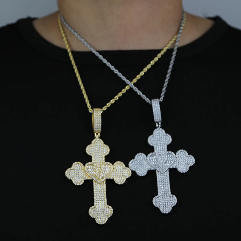 Collier Pendentif Hip Hop Bling 5A CZ Pavé Croix & Cœur Glacé – Chaîne Cuban Link, Tennis & Corde | Bijou Homme Rapper Streetwear Premium