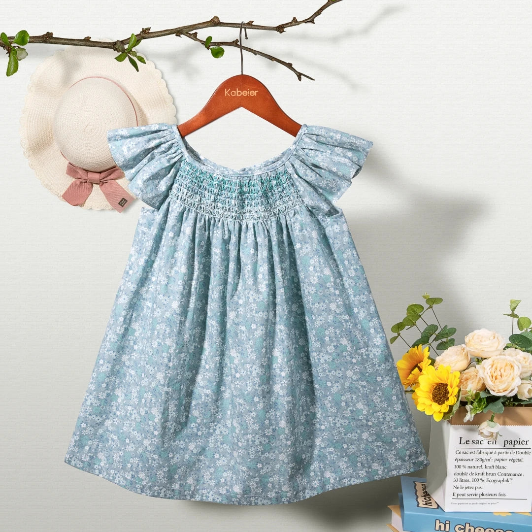 Robe Été Fille Fleurie Smockée Manches Volantes – Tenue Quotidienne Adorable 1-6 Ans