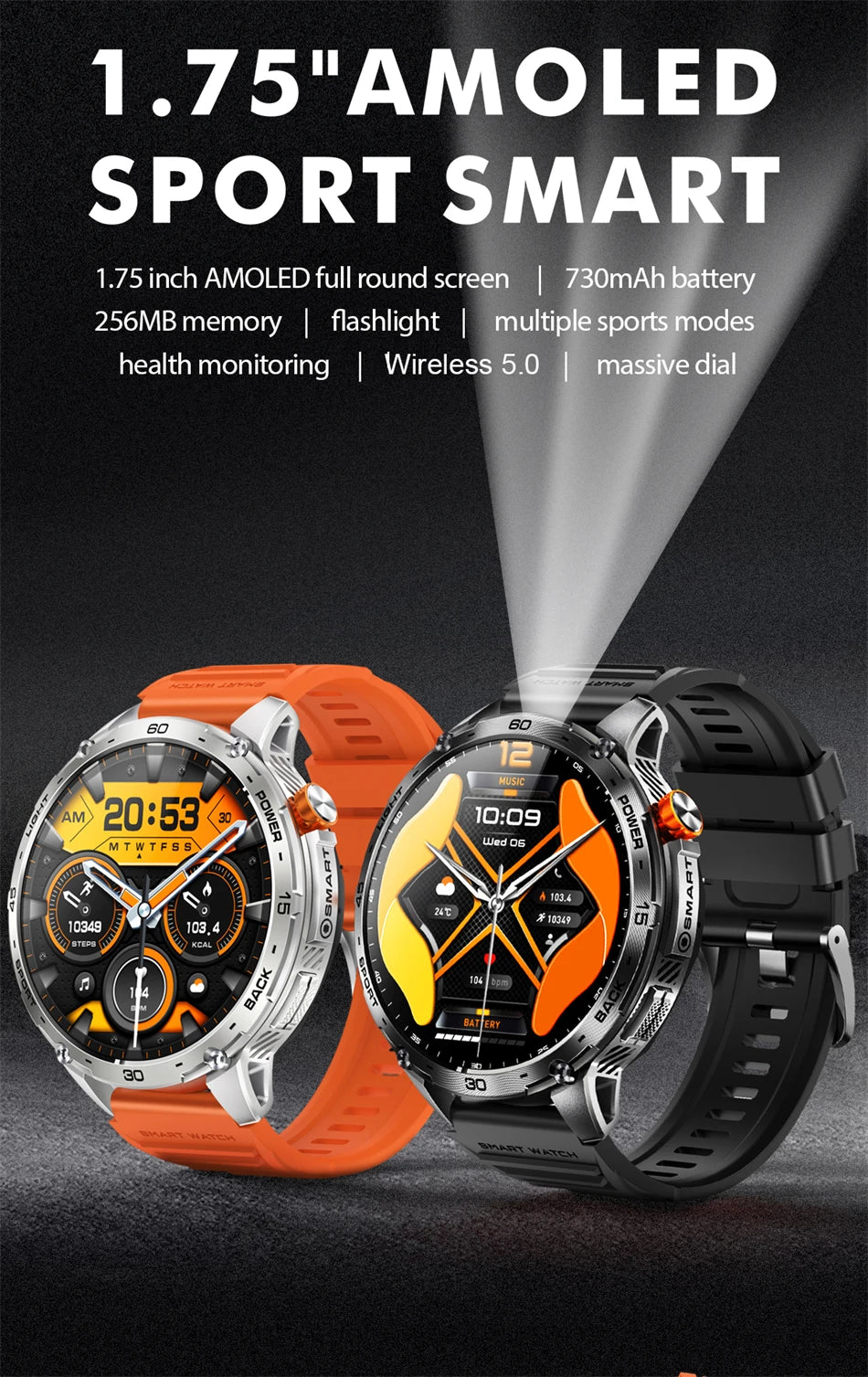 Smartwatch Homme 2026 Écran AMOLED 1.75" Ultra HD – Batterie 730mAh Bluetooth Appel Sport Android iOS