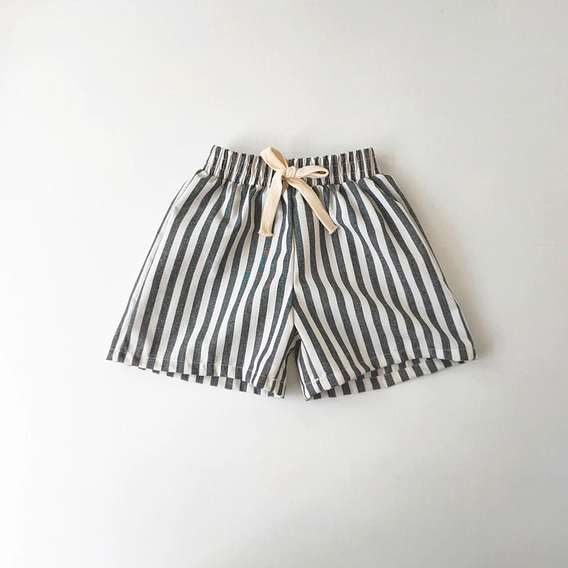 Short Lin Coton Enfant Rayures – Pantalon Court Casual Vintage Ample Garçon Fille Été