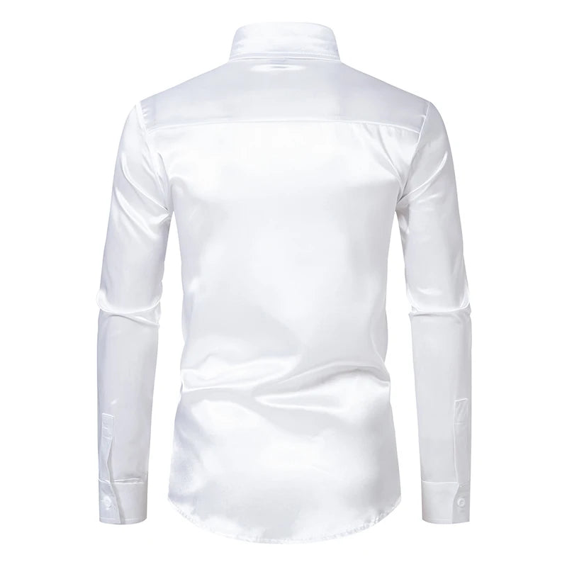 Chemise Homme Satin Noir Luxe Soie Lisse Tuxedo Mariage Soirée Prom Casual Business Bureau Élégante Couleur Unie Premium – Chemise Satin Luxe Cérémonie | Mode Homme Luxe Cérémonie Premium