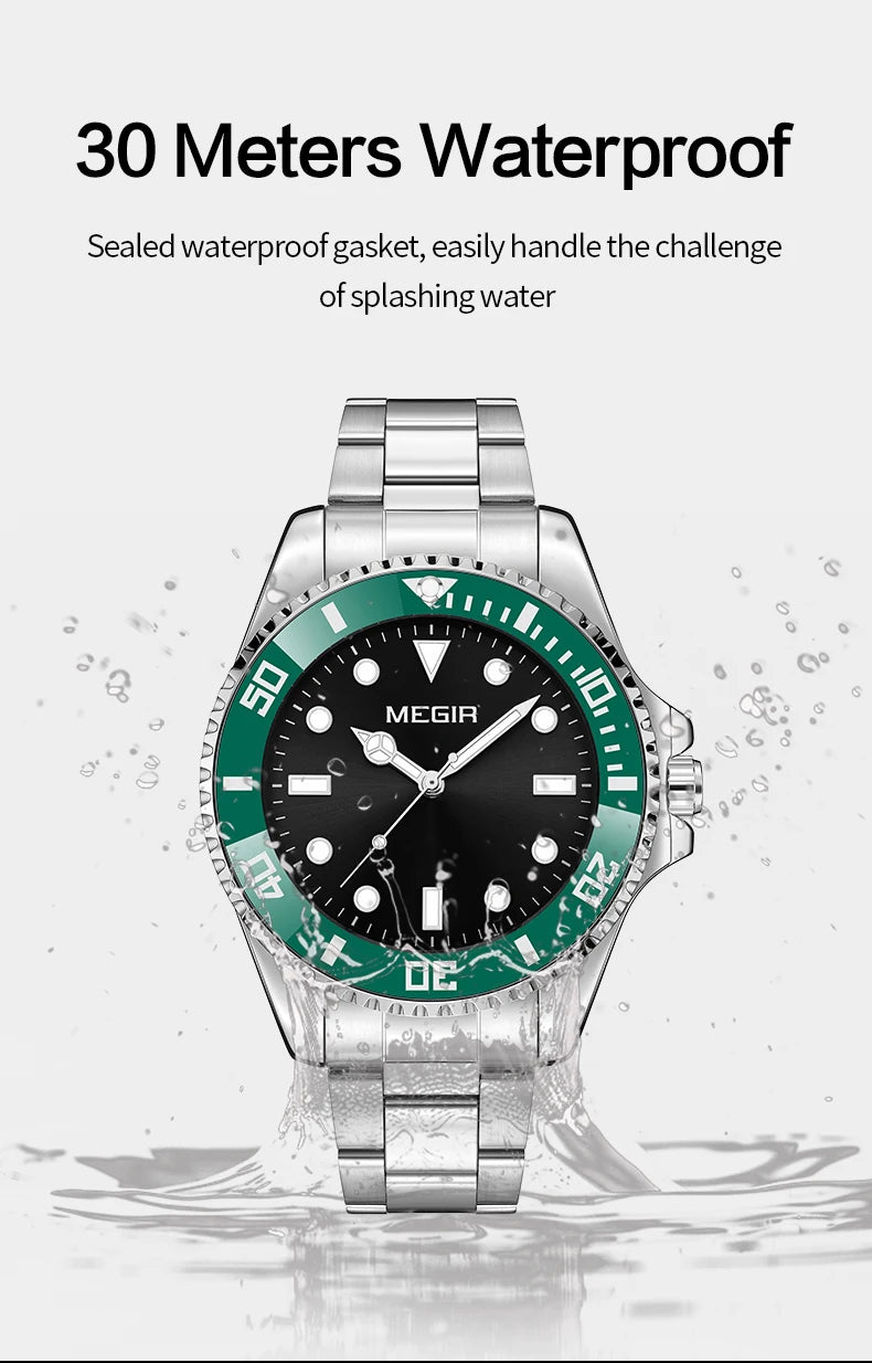 Montre Homme Luxe MEGIR Quartz Acier Calendrier – Classique Étanche Fashion