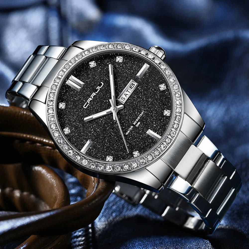 Montre Homme CRRJU Moissanite Diamant Luxe Cadran Doré Acier Inoxydable Lumineux Élégante Premium | Montre CRRJU Moissanite Diamant Luxe Premium