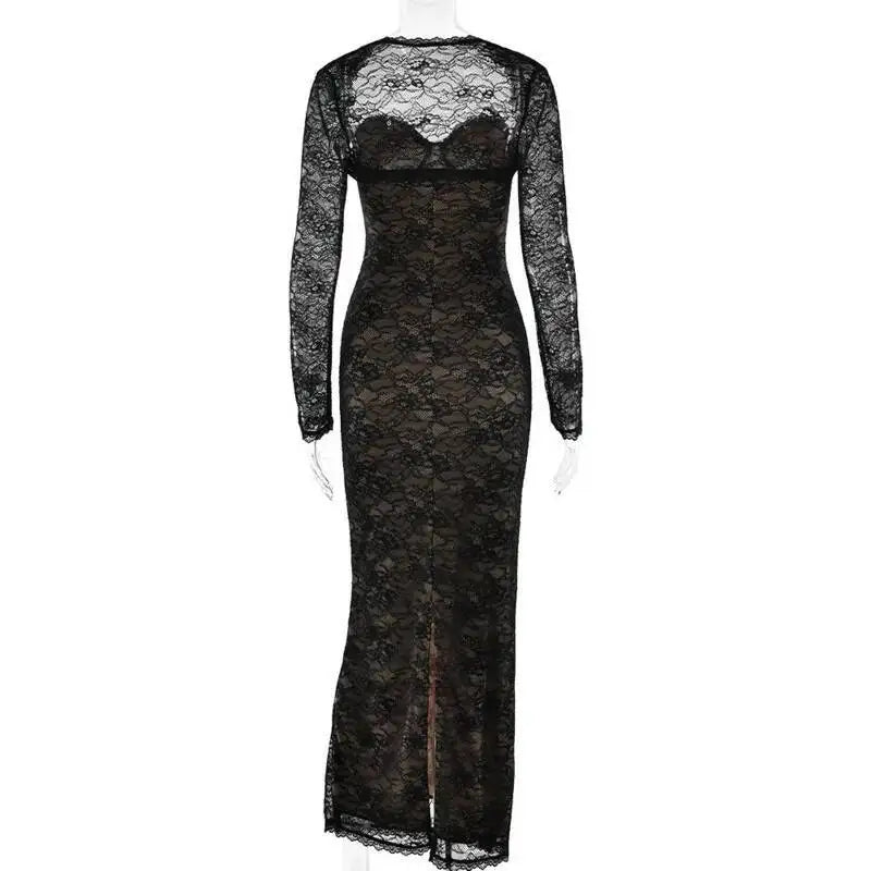 Damen Langes Maxikleid Spitze Eng Anliegend Sexy Bodycon Schal Futter – Elegante Abendgesellschaft | Townlike