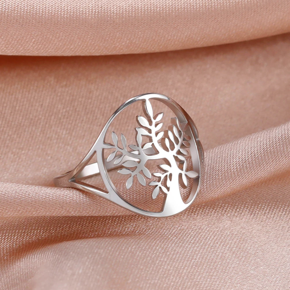 Bague Arbre de Vie Acier Inoxydable Argenté – Symbole Nature & Spiritualité | Bijou Unisexe Couple & Mariage | Cadeau Intemporel