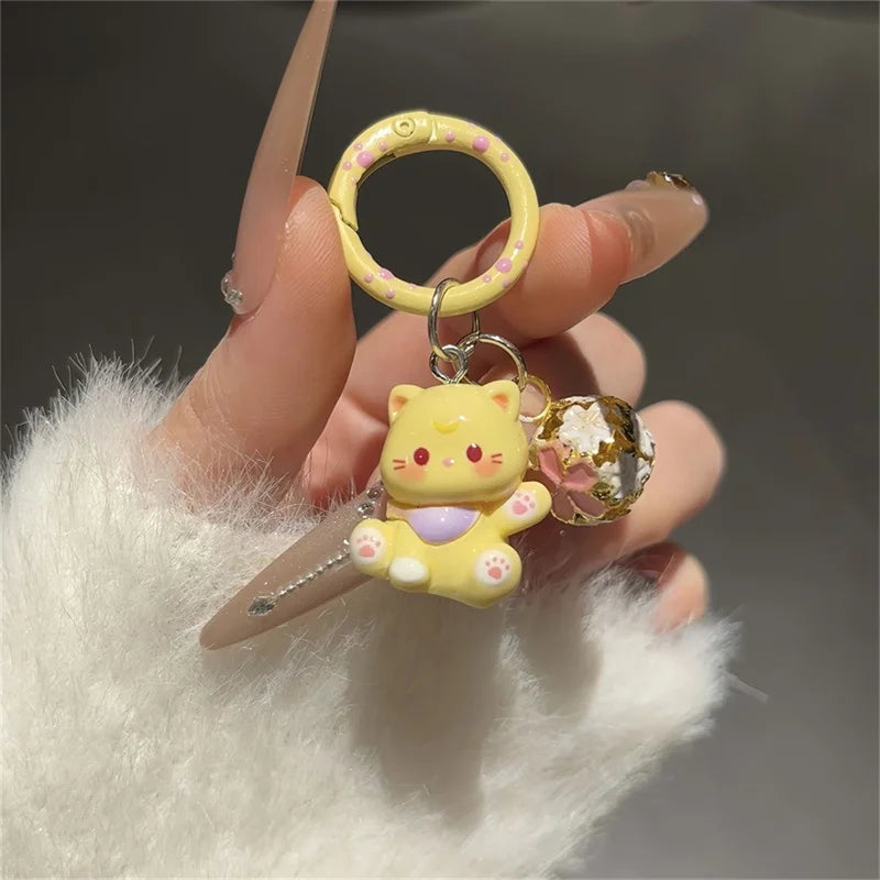Porte-Clés Chaton Résine Clochette Kawaii – Lot 1 ou 3 pcs | 6 Couleurs au Choix | Pendentif Sac & Cadeau Femme Mignon & Original