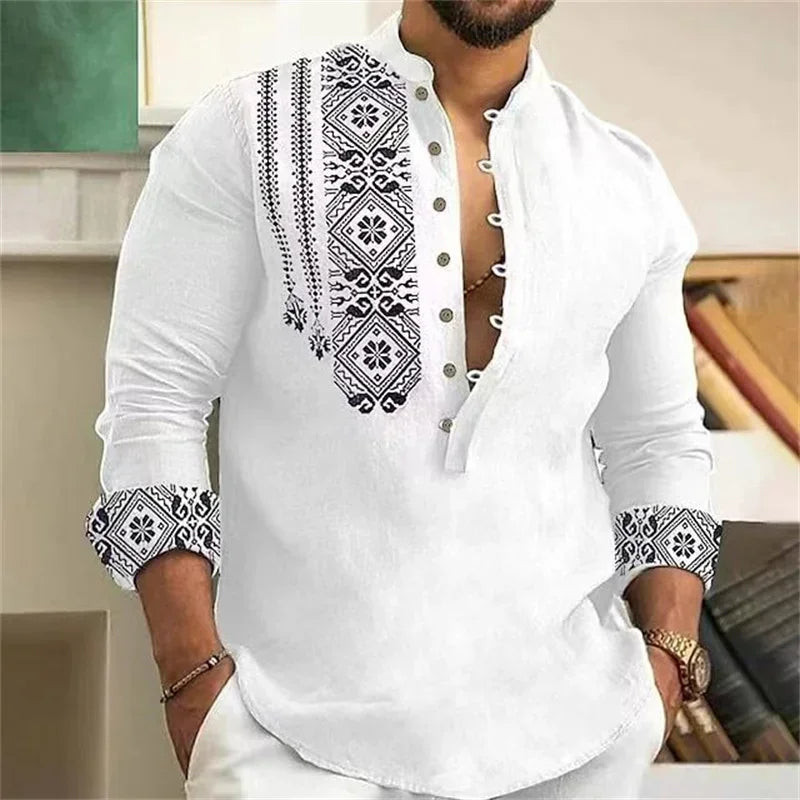 Chemise Lin Homme Cardigan Boutons Motif Tendance Coupe Slim Confortable Douce Rétro Grande Taille 6XL | Chemise Lin Rétro Premium