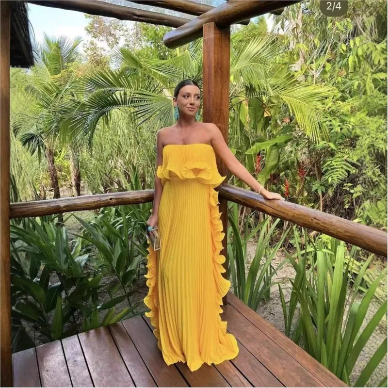 Robe Longue Femme Orange Chiffon Plissée Volants Sans Bretelles – Élégante Plage & Soirée | Été