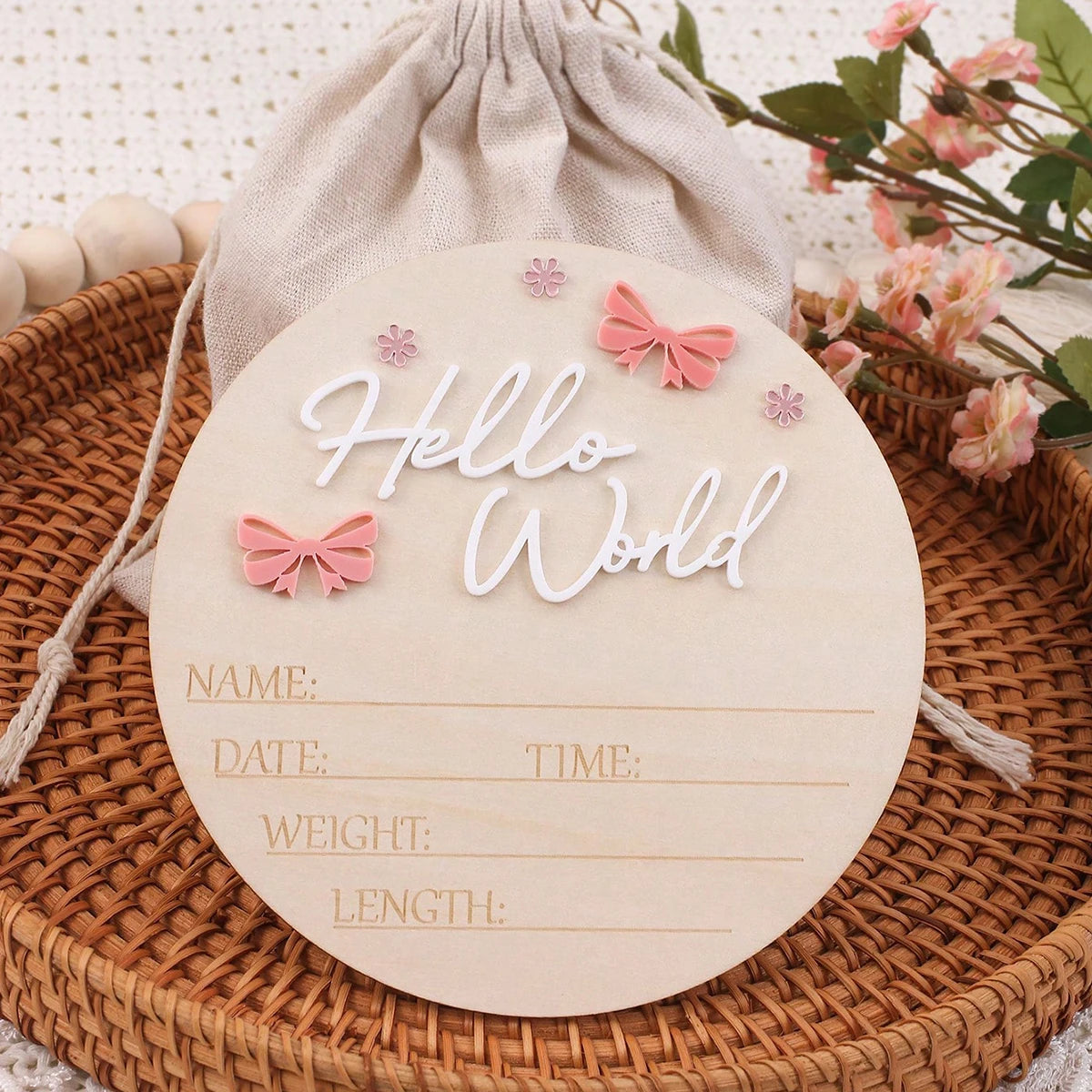 Pancarte Naissance Bébé « Hello World » – Déco Maternité Rose Poudré Papillon Étoile Photo Nouveau-Né