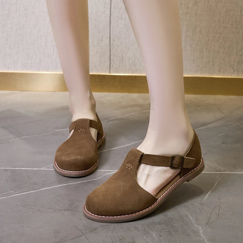 AIYUQI Sandales Cuir Véritable Retro Givré Baotou Romain 2026 – Hollow Flat Femme
