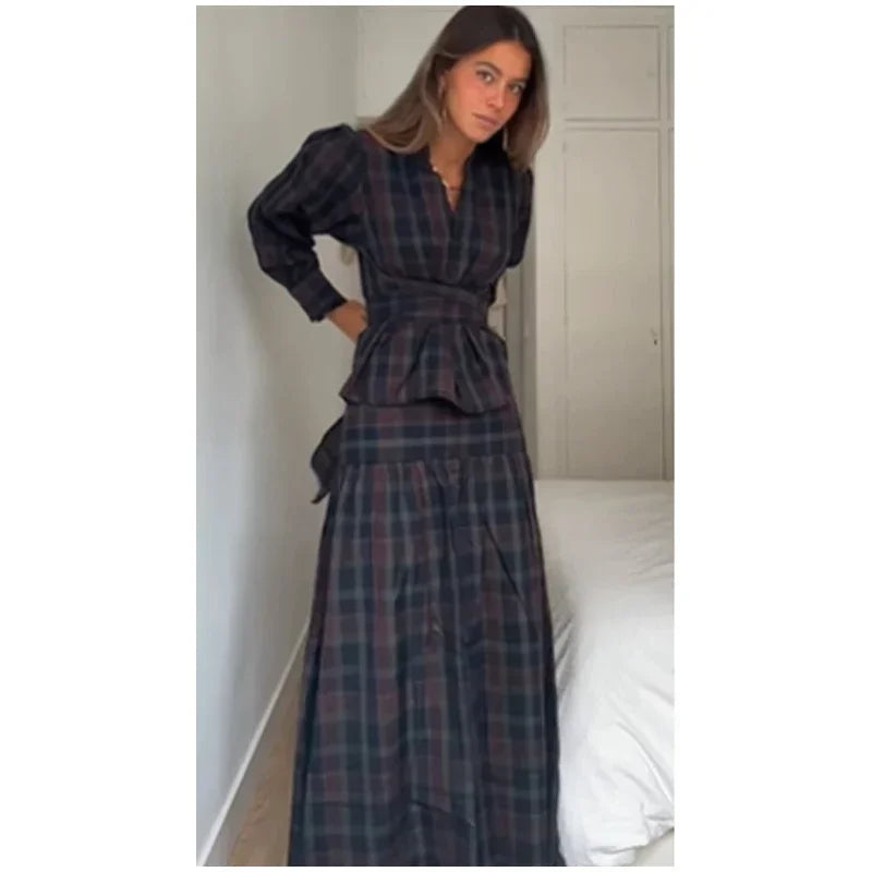 Ensemble 2 Pièces Femme Veste À Carreaux Manches Lanterne Lacets Plissée & Jupe Longue – Tenue Bureau Casual Chic Élégante | Mode