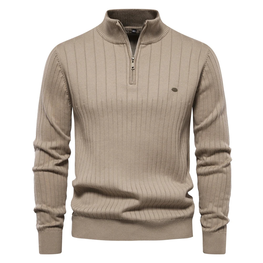 Herren-Pullover mit Reißverschluss Stehkragen Baumwollstrick – Warmer Premium-Pullover Herbst Winter