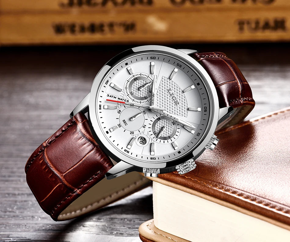 Montre Homme Luxe LIGE Chronographe Quartz Cuir – Business Sport Étanche Date 2025