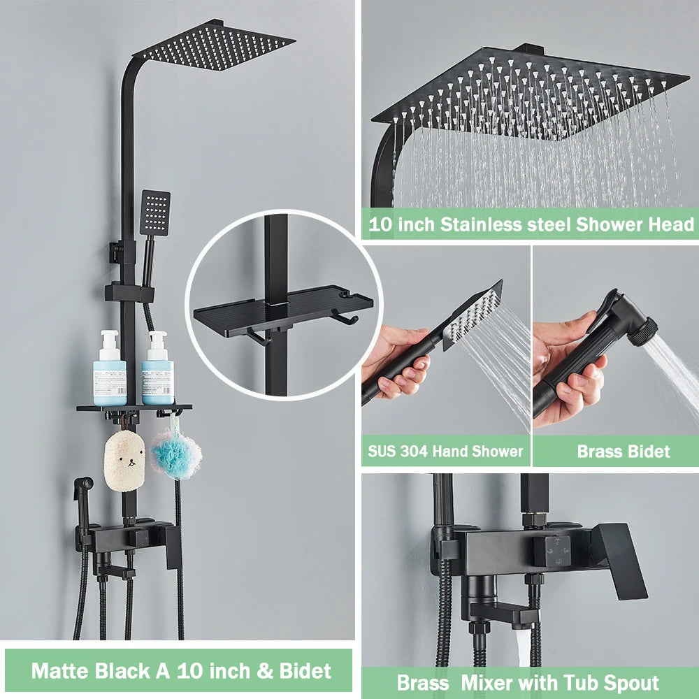 Rozin Ensemble Douche Pluie Mural Noir – Avec Bidet, Étagère & Bec Baignoire | Système Complet Laiton