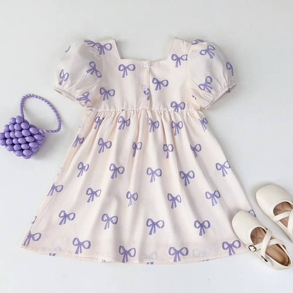 Robe Princesse Fille Manches Bouffantes Col Carré Nœud Imprimé – Tenue Casual Été 3-7 Ans