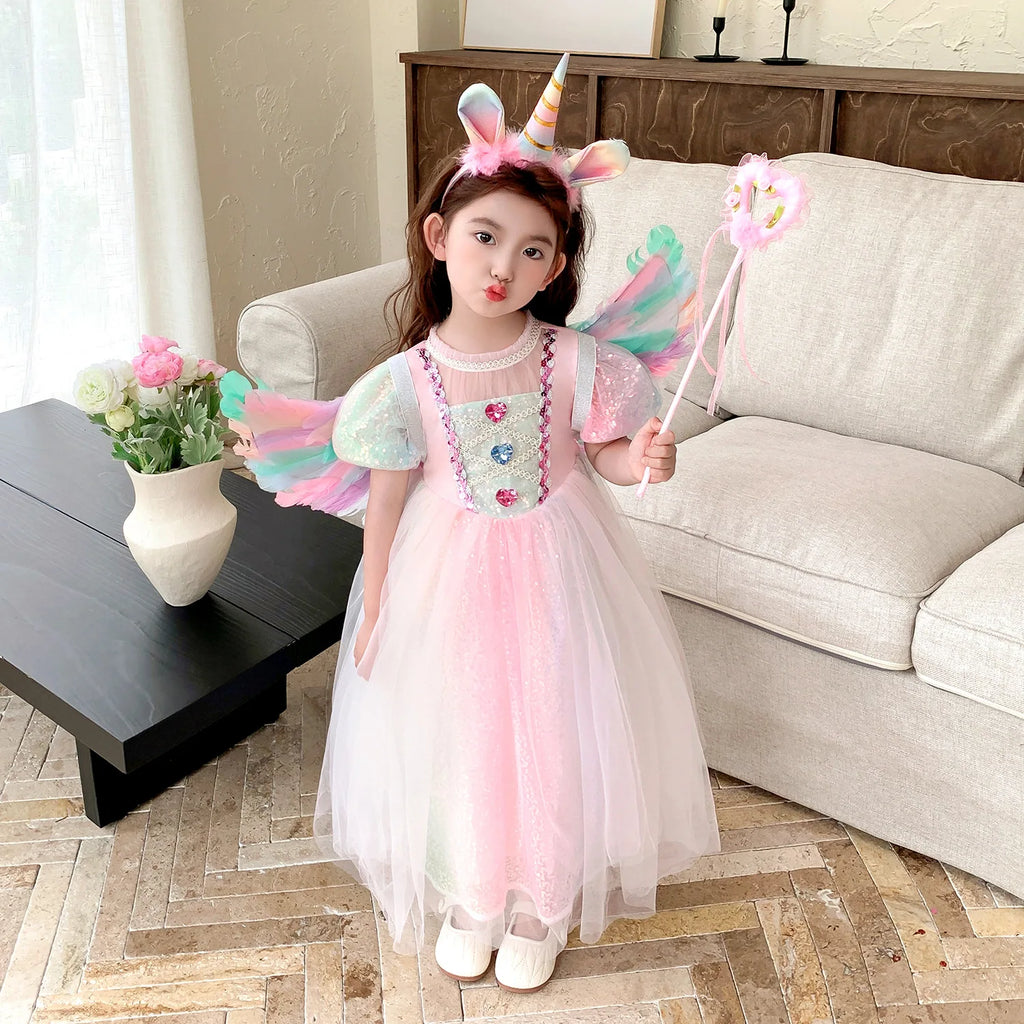 Meerjungfrau Prinzessin Kleid Mädchen Pailletten Perlen Puffärmel – Faschingskostüm Halloween Cosplay