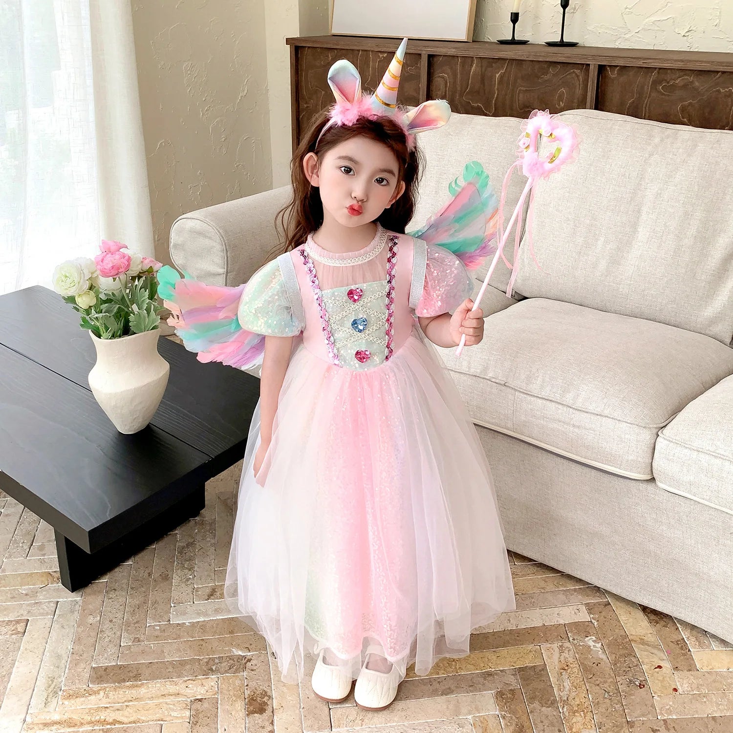 Meerjungfrau Prinzessin Kleid Mädchen Pailletten Perlen Puffärmel – Faschingskostüm Halloween Cosplay