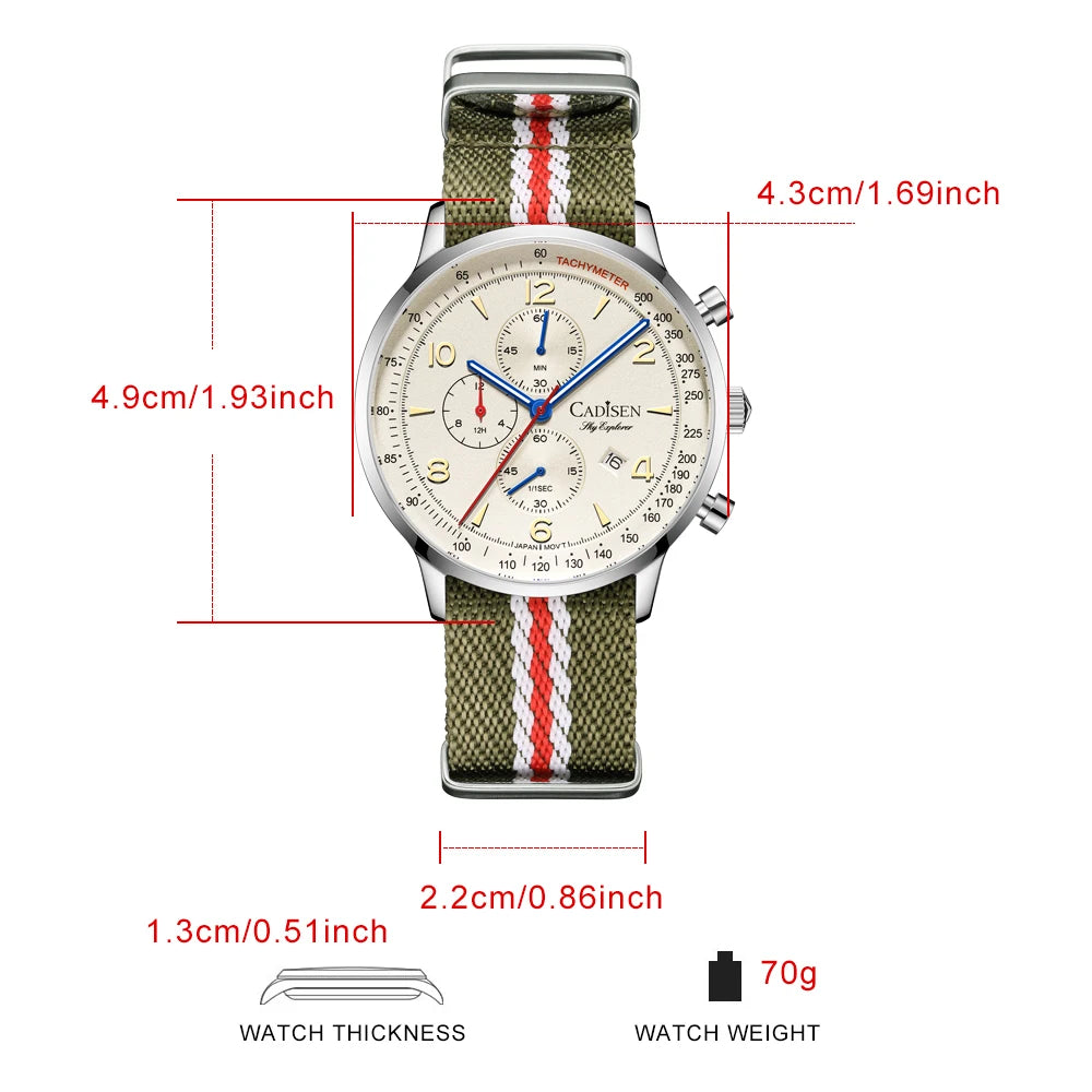 Montre Homme Luxe CADISEN Chronographe Quartz Japonais MIYOTA Bracelet Toile – Étanche Fashion