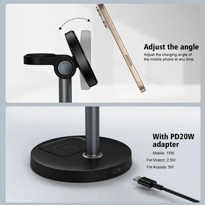 Chargeur 3-en-1 Magnétique Ajustable – iPhone 16-13 iWatch 10-8 AirPods Pro Charge Rapide