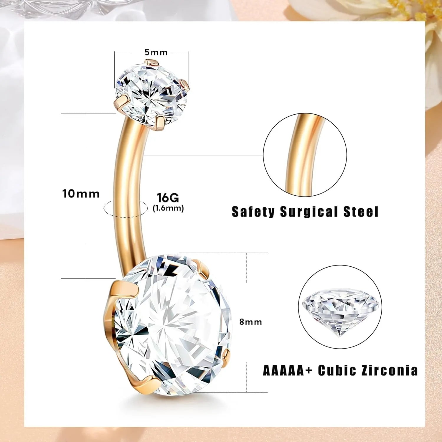 Piercing Nombril 14G Acier Chirurgical Fleur CZ Pendentif – Anneau Nombril Femme Premium & Hypoallergénique | Body Jewelry Élégant & Sécurisé