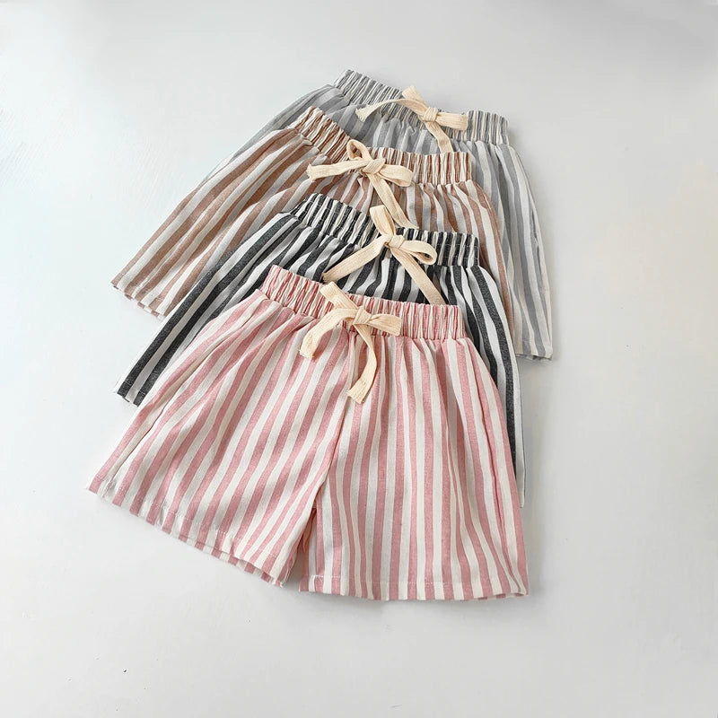 Short Lin Coton Enfant Rayures – Pantalon Court Casual Vintage Ample Garçon Fille Été