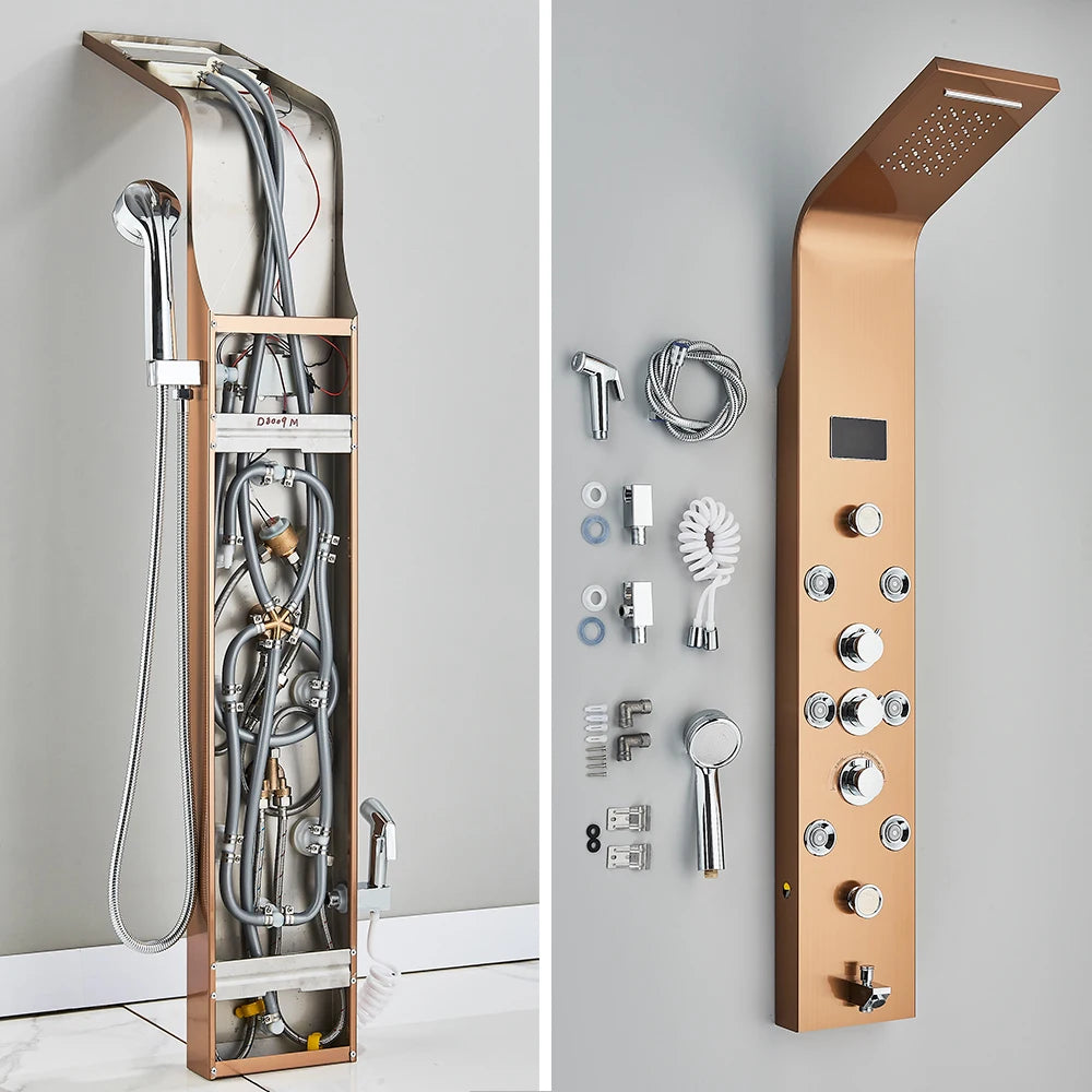 Panneau Douche LED 6 Modes Intelligent – Colonne LCD Rose Gold | Pluie, Cascade, Jets Massage & Robinet Mitigeur