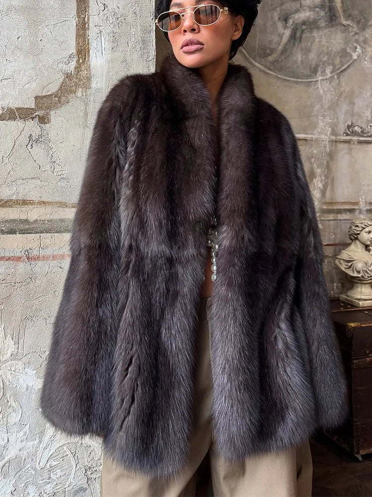 Manteau Femme Mi-Long Fausse Fourrure Col Revers Boutons Cachés Ample Élégant – Overcoat Bureau Chic | Hiver