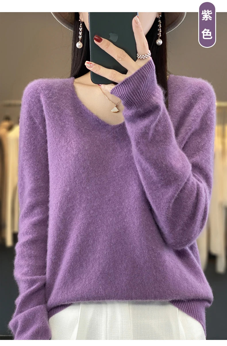 Kaschmirpullover 100% Wolle V-Ausschnitt Damen - Strick Casual Korean Fashion Herbst Winter