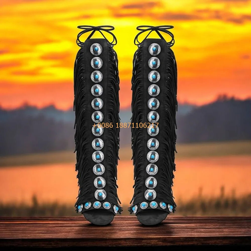 Bottes Gland Gemmes Catwalk Stiletto Femme – Luxe Romain Bout Ouvert Scène Mode