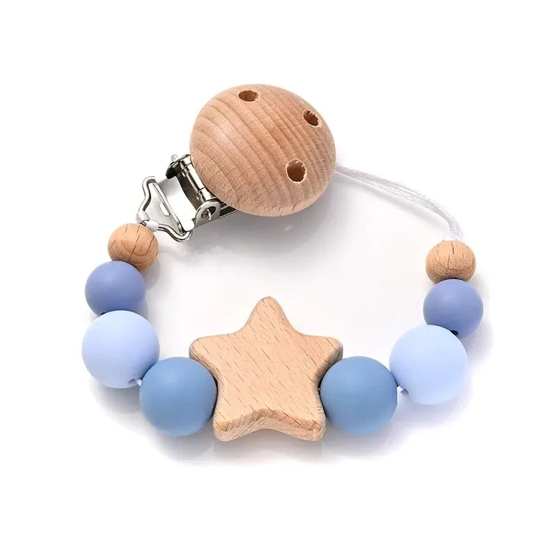 Attache-Tétine Bébé Perles Silicone & Bois Étoile – Chaîne Anneau Dentition Jouet À Mâcher Cadeau Naissance
