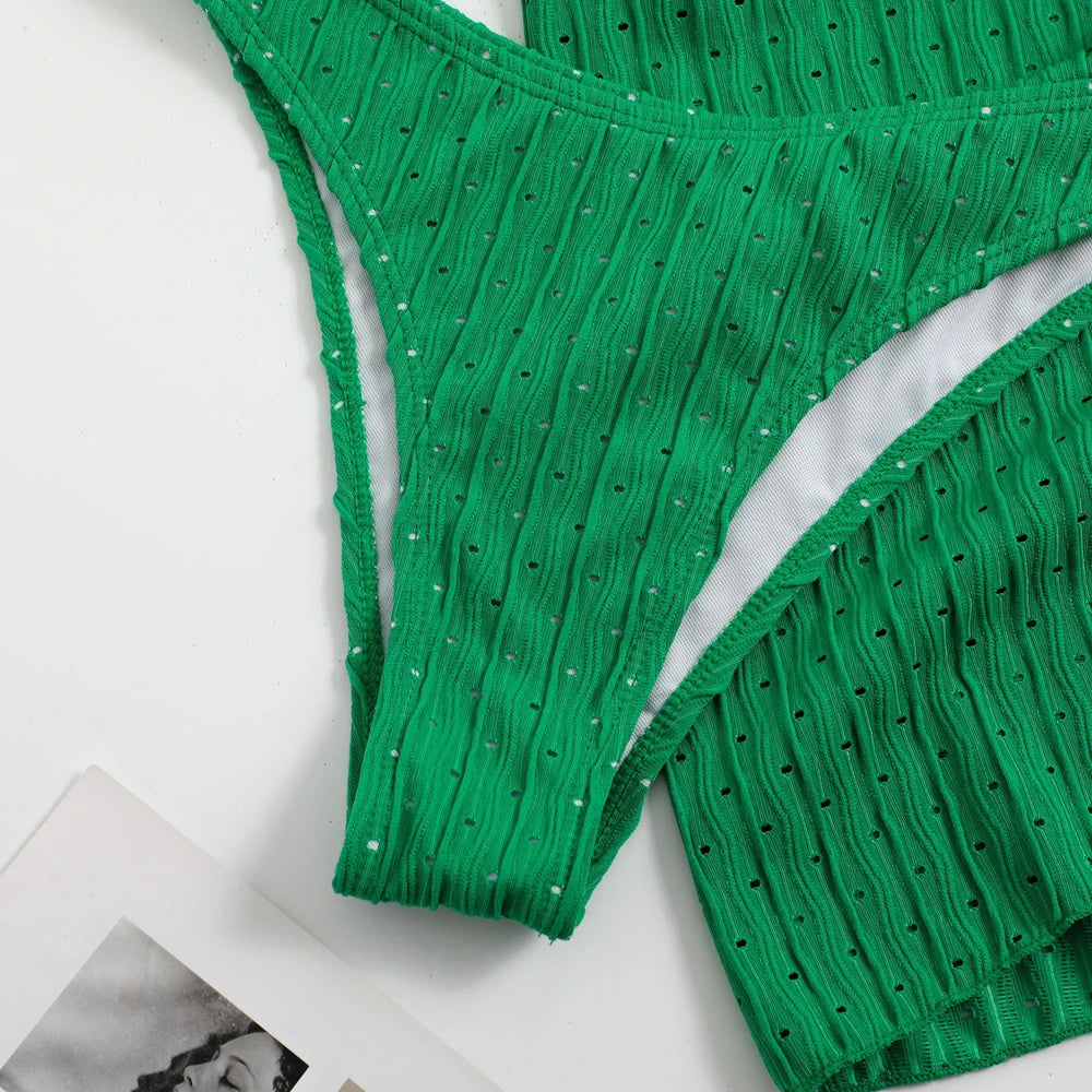 Bikini 3 Pièces Halter Femme Sexy Tanga – Maillot de Bain Avec Paréo Jupe | Blanc Noir Rose Vert Été