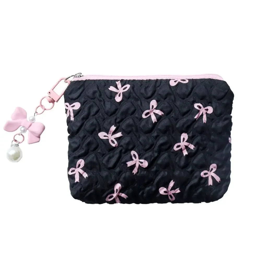 Trousse Cosmétique Nœud Plissé Coton Matelassé – Pochette Maquillage Voyage Filles | Organisateur Portable