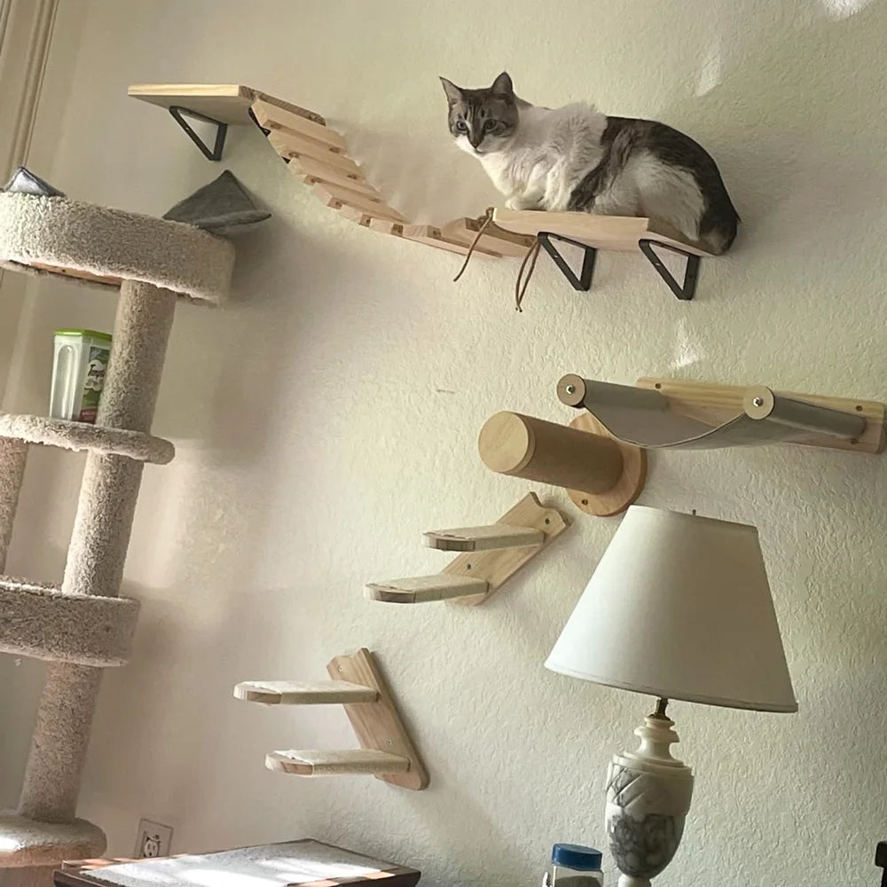 Arbre à Chat Mural Escalade Bois – Étagères Plateforme Saut Hamac Escalier | Aire de Jeux Chaton Mobilier