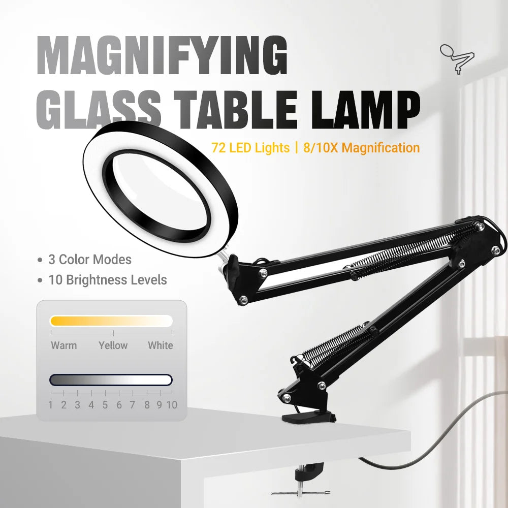 Lampe Loupe LED Professionnelle 72 LEDs – 3 Couleurs, Grossissement 8X/10X, USB | Réparation & Soins Beauté Précision
