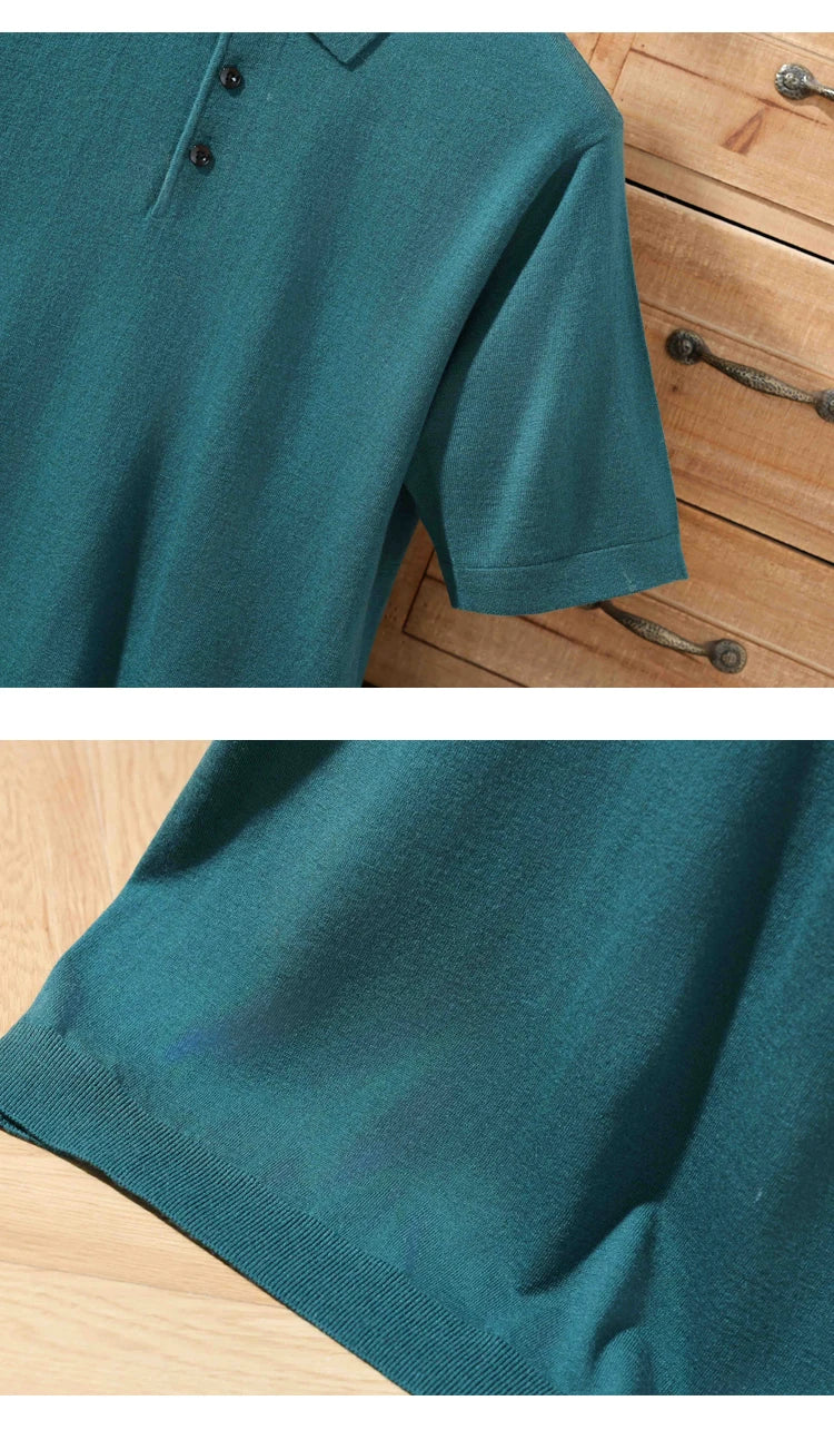 Pull Polo Homme 100% Laine Mérinos – Col Lapierre Manches Courtes Tricoté Loose Été Grande Taille