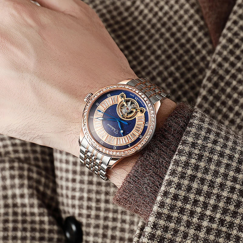 Montre Homme Tourbillon Automatique Mécanique – Cadran Strass Lumineux Sport Étanche Acier