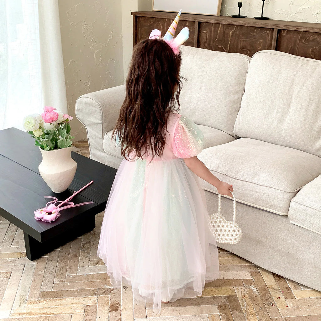 Meerjungfrau Prinzessin Kleid Mädchen Pailletten Perlen Puffärmel – Faschingskostüm Halloween Cosplay
