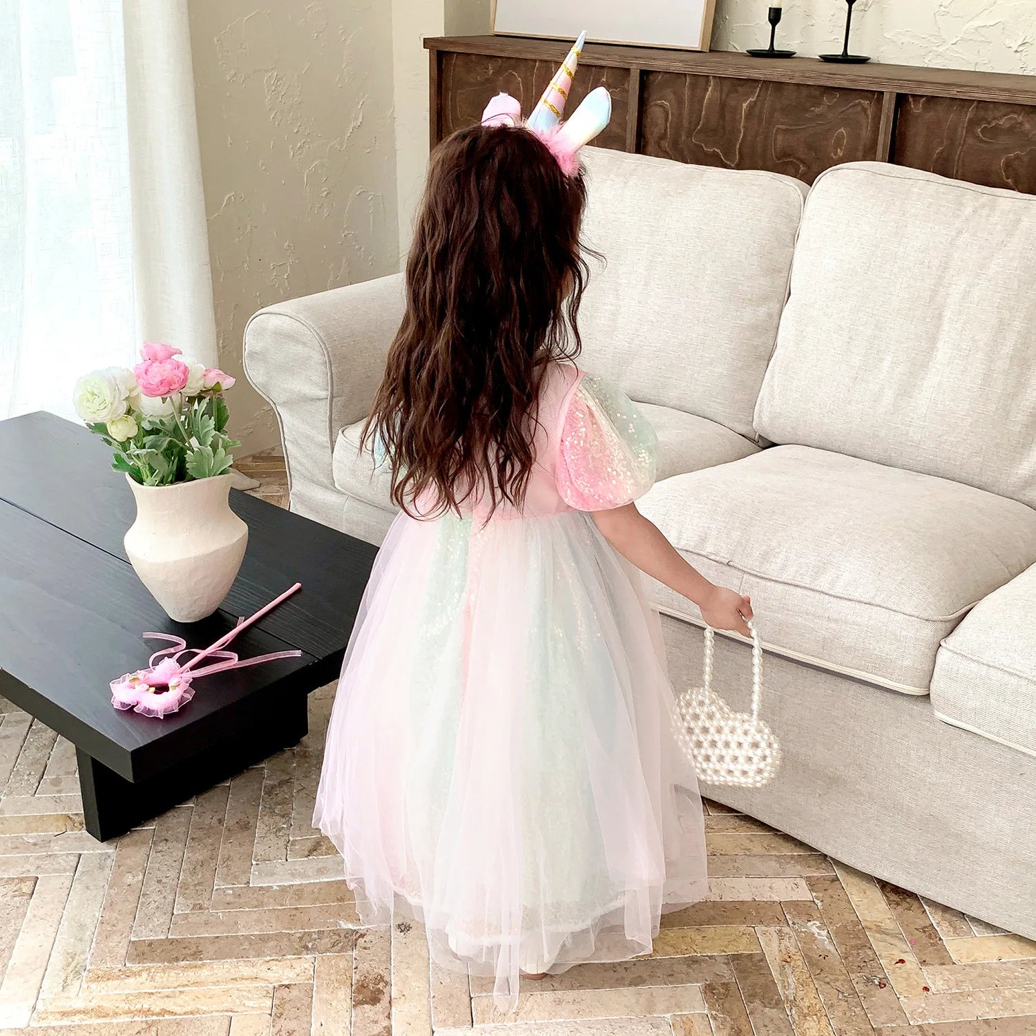 Meerjungfrau Prinzessin Kleid Mädchen Pailletten Perlen Puffärmel – Faschingskostüm Halloween Cosplay